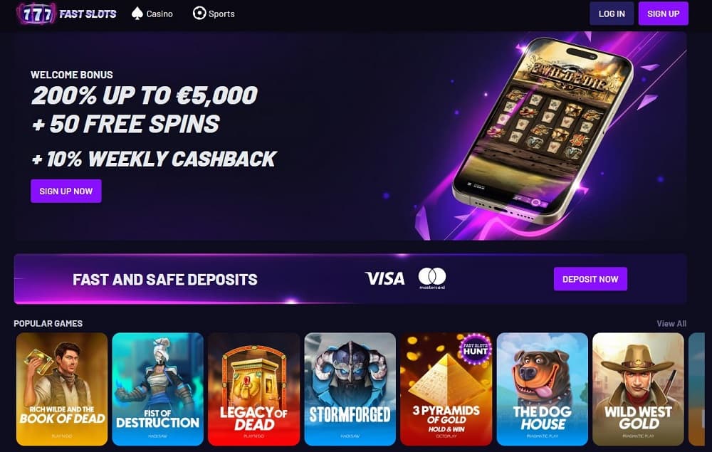Fast Slots casino website with quick credit card transactions and high RTP slot games