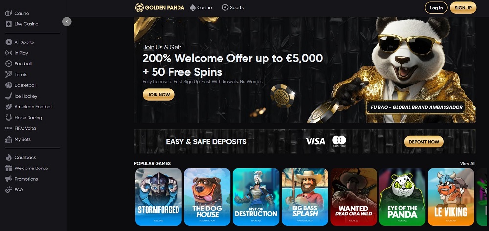Golden Panda online casino platform featuring credit card deposit options and welcome bonus offer
