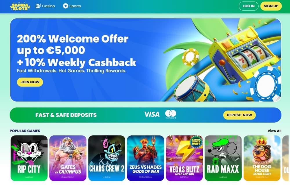 Samba Slots casino interface highlighting vibrant slot games and Visa/Mastercard payment support